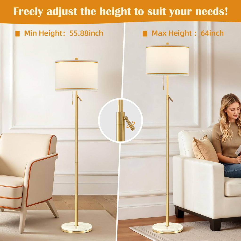 Marble Floor Lamp, Adjustable Height Standing Lamp with Marble Base Tall Lamp with White Shade Floor Lamps Bulbs Not