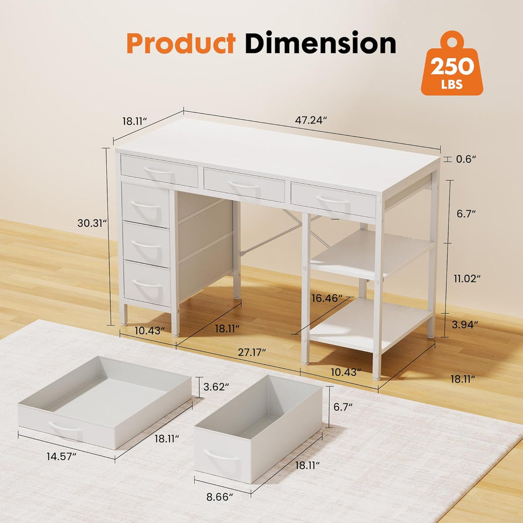 47" Computer Desk with 6 Drawers, Home Office Gaming Desks with Storage Shelves
