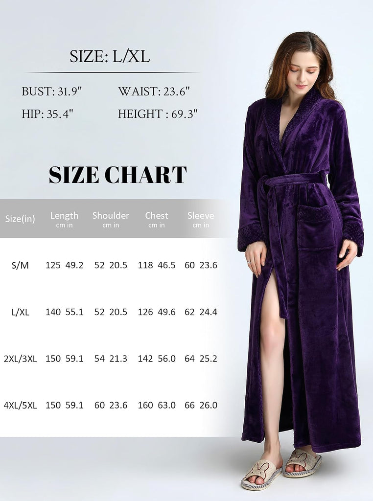 Womens Long Fleece Robe: Plush Flannel Warm Bathrobes | Winter Soft Shawl Collar Bath Robe with Adjustable Waist Belt