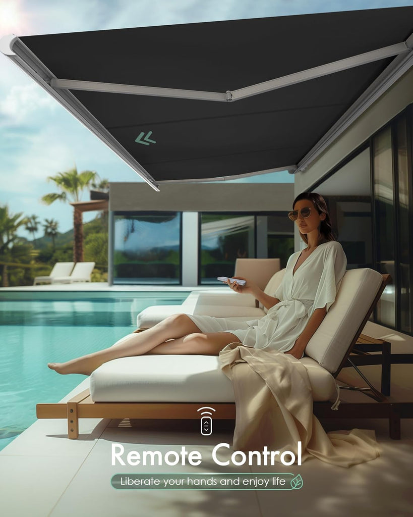 12'x8.2' Solar Motorized Retractable Patio Awnings with Wind Sensor | Smart Electric Awning for Outdoor Decks, Full