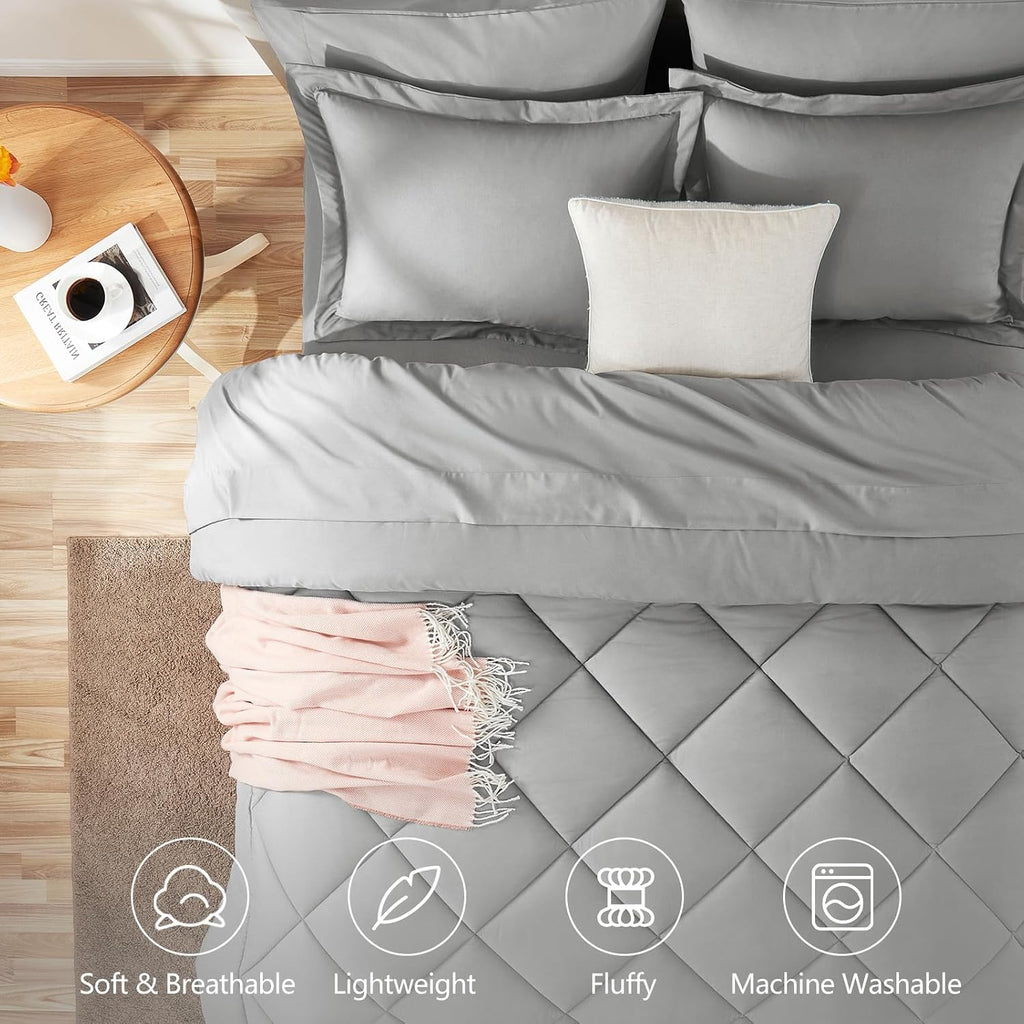 King Comforter Set Light Grey - 7 Pieces Complete Bedding Set - Set of 7