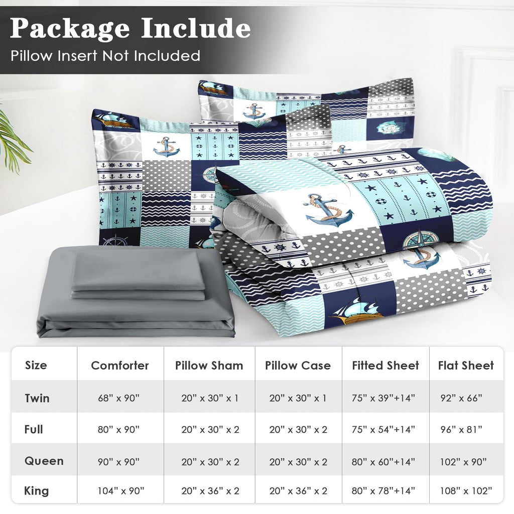 Queen Comforter Set with Sheets, 7 Pieces Nautical Blue Bedding