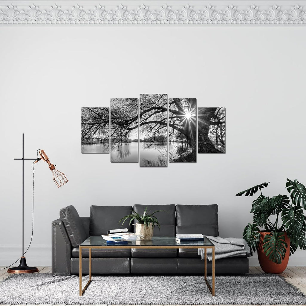 5 Pieces Wall Art Old Tree by Lake Picture Canvas Prints Sunrise Painting Black and White Landscape Canvas Art Modern
