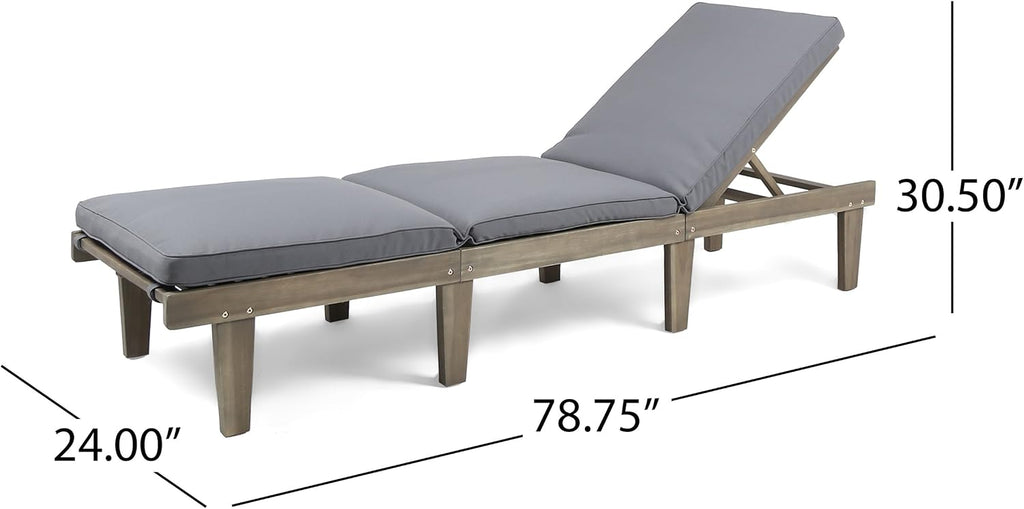Outdoor Acacia Wood Chaise Lounge, Grey Finish/Dark Grey Cushion
