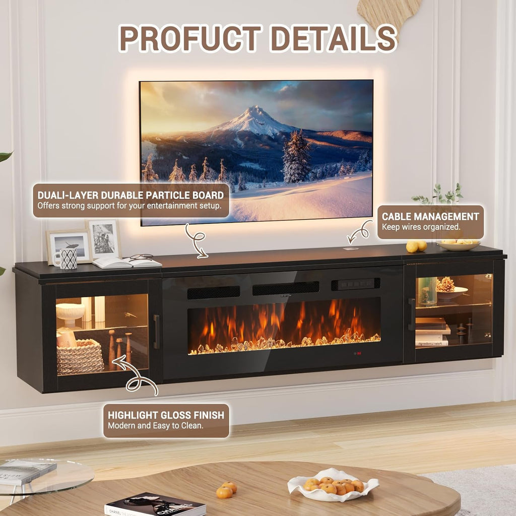 70 Inch Floating Fireplace TV Stand with 36 Inch Electric Fireplace, Wall Mounted Entertainment Center with Storage for TVs up to 80 Inches, Black