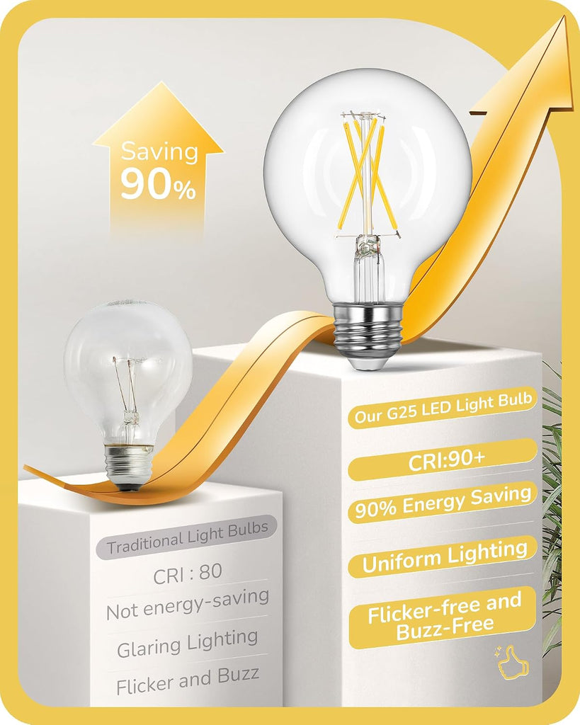 6 Pack G25 Globe Light Bulbs, Dimmable Vintage LED Edison Bulbs, CRI90+ 5W Equivalent 60W, Clear LED Filament Vanity