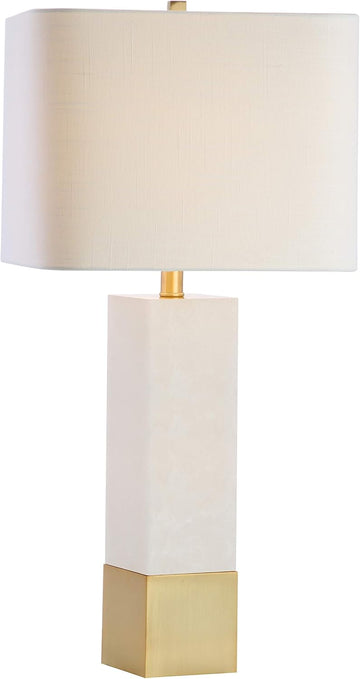 29" Brass Gold/White Metal and Marble Table Lamp, Contemporary Transitional Bedside Lamp, White Line