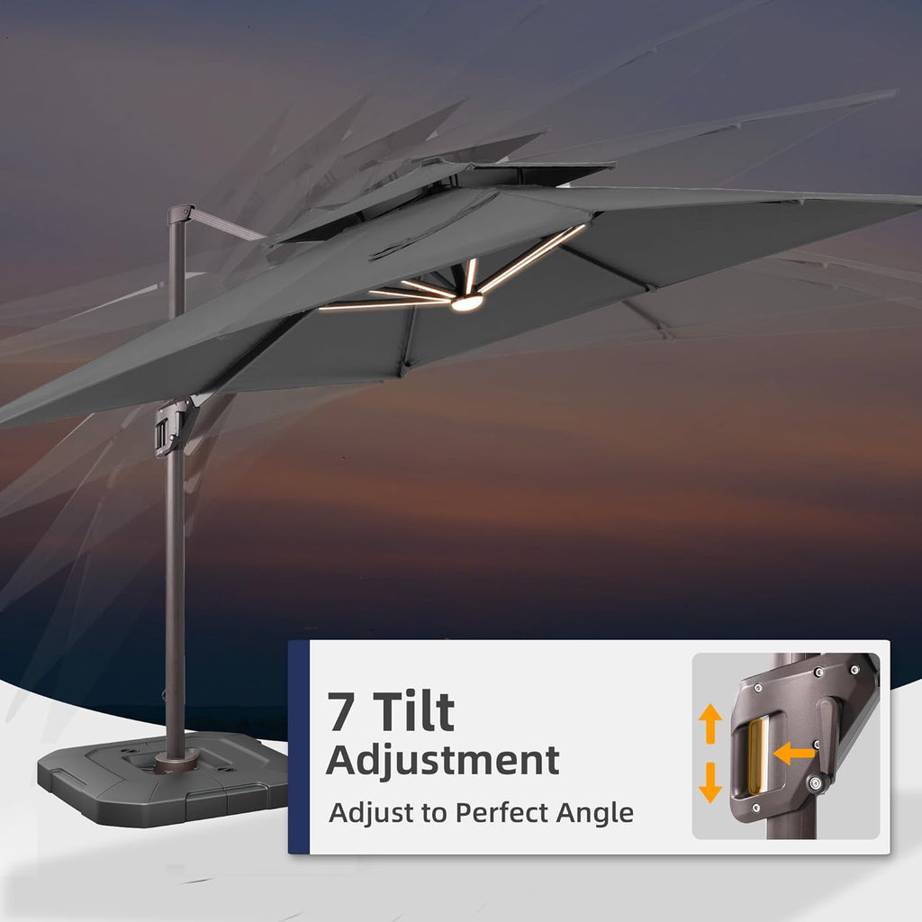 9x12 FT Patio Umbrella with Weighted Base and LED Lights Cantilever Outdoor Large Heavy Duty Rectangle Aluminum Offset
