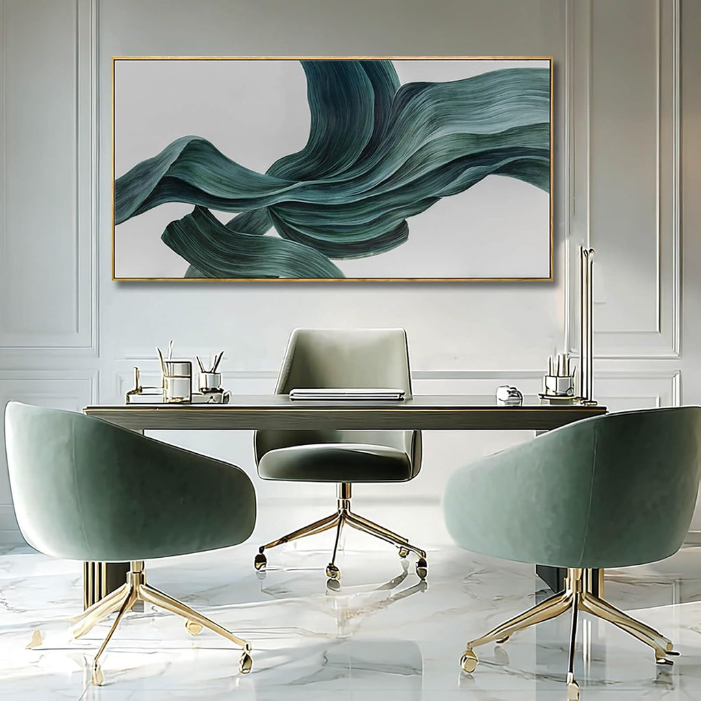 Green Abstract Canvas Wall Art, Large Framed Artwork with Wooden Frame, Pictures Wall Decor, Contemporary