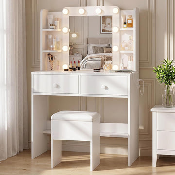 Makeup Vanity Desk with LED Mirror and Chair Set, White | 3 Lighting Modes, Built-in Charging Station, Storage