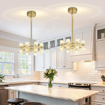 Inspired Arcachon Style Round Wagon Wheel Chandelier, 16" 16-Light Gold — Foyer, Dining & Living Room