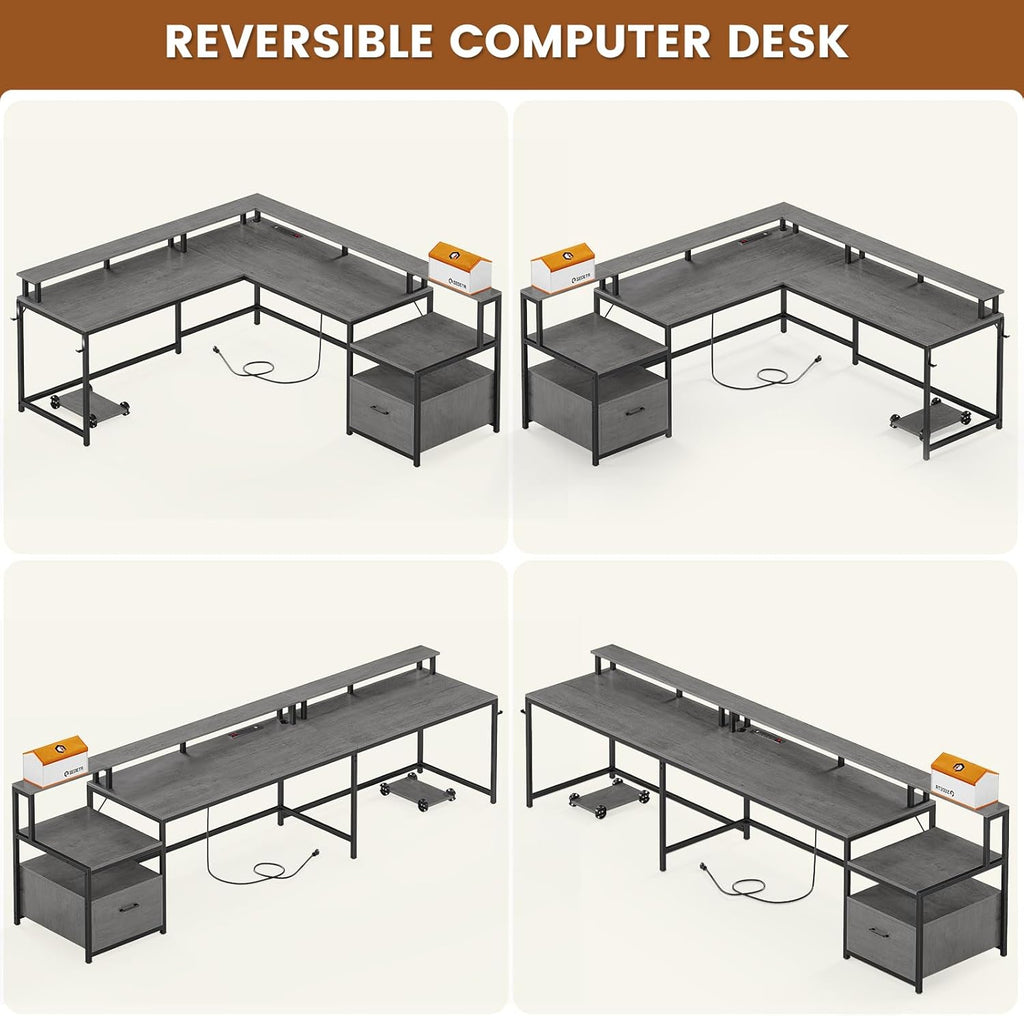 L Shaped Desk, 66" Home Office Desk with Wood File Drawer & Power Outlet, Gaming Desk with Led Lights