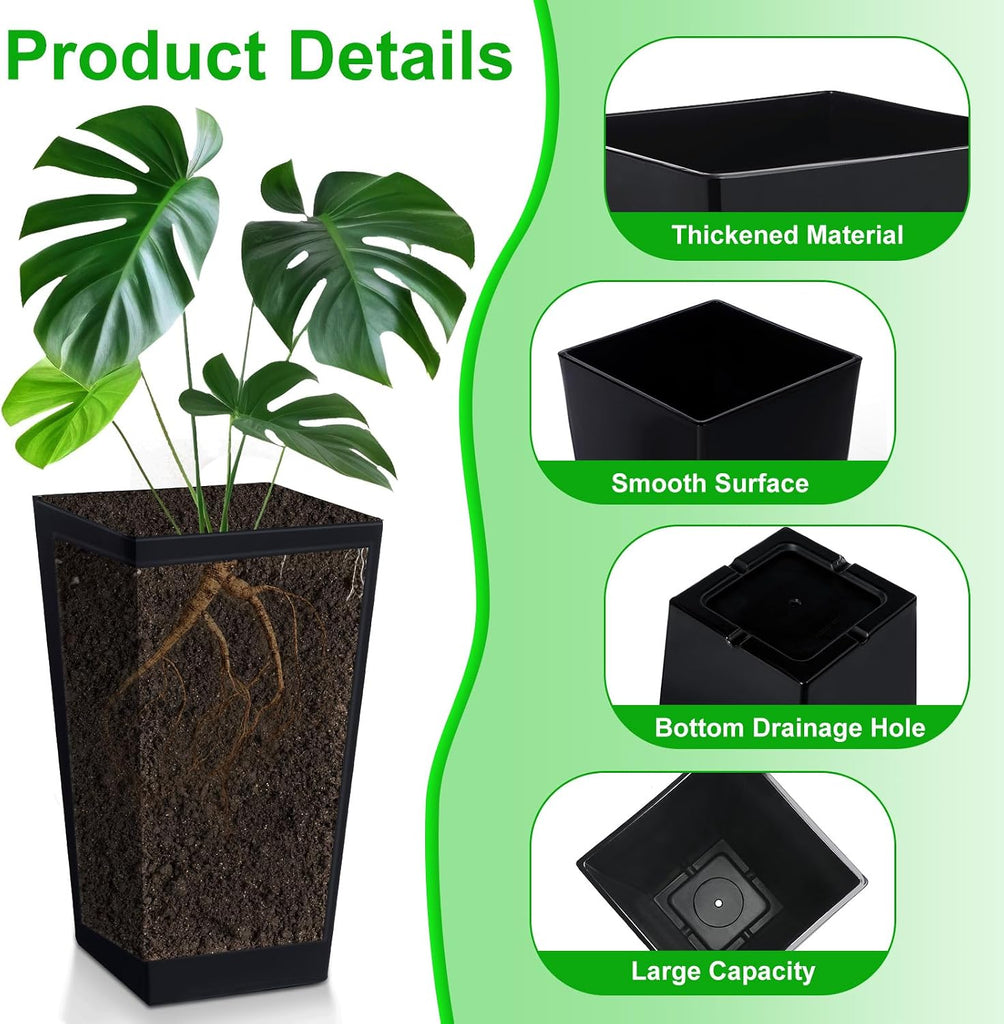 Set of 4 Tall Outdoor Planters 21 Inch Tall Tapered Square Planter with Drainage Hole Large Flower Tree Resin Flower