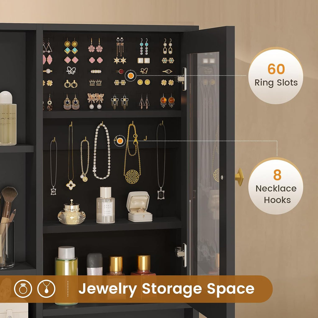 Makeup Vanity with Upholstered Stool & Charging Station, Vanity Desk with Mirror and Lights & Jewelry Storage, Vanity