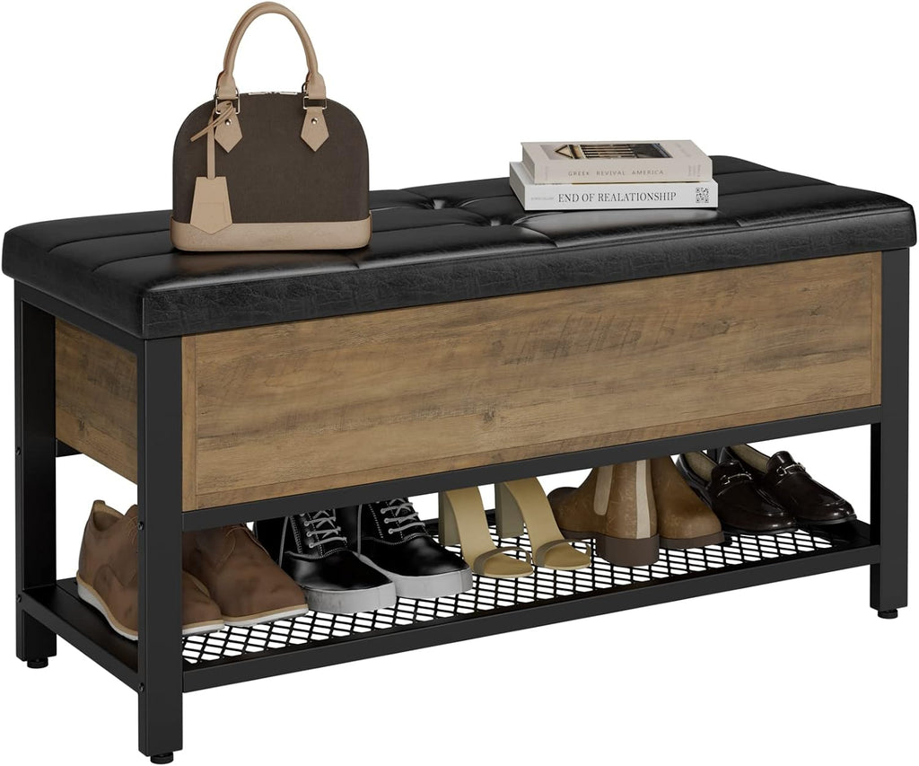 40" W Storage Bench, Entryway Shoe Bench with Cushion, Rustic Brown | Wood Metal Bench with Flip-Open Hidden Storage