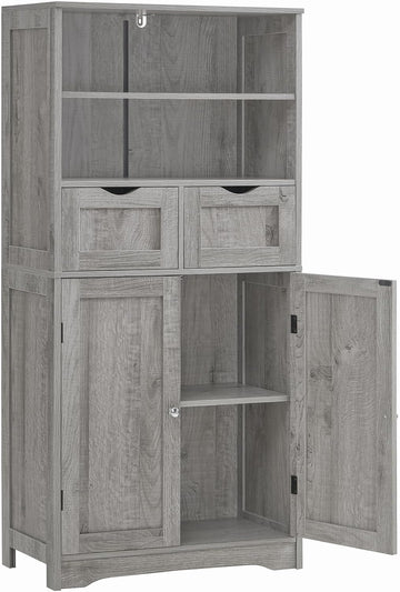 Storage Cabinet with 2 Drawers & Adjustable Shelf, Tall Bathroom Cabinet with Doors, Cupboard, Kitchen Cabinets , Grey