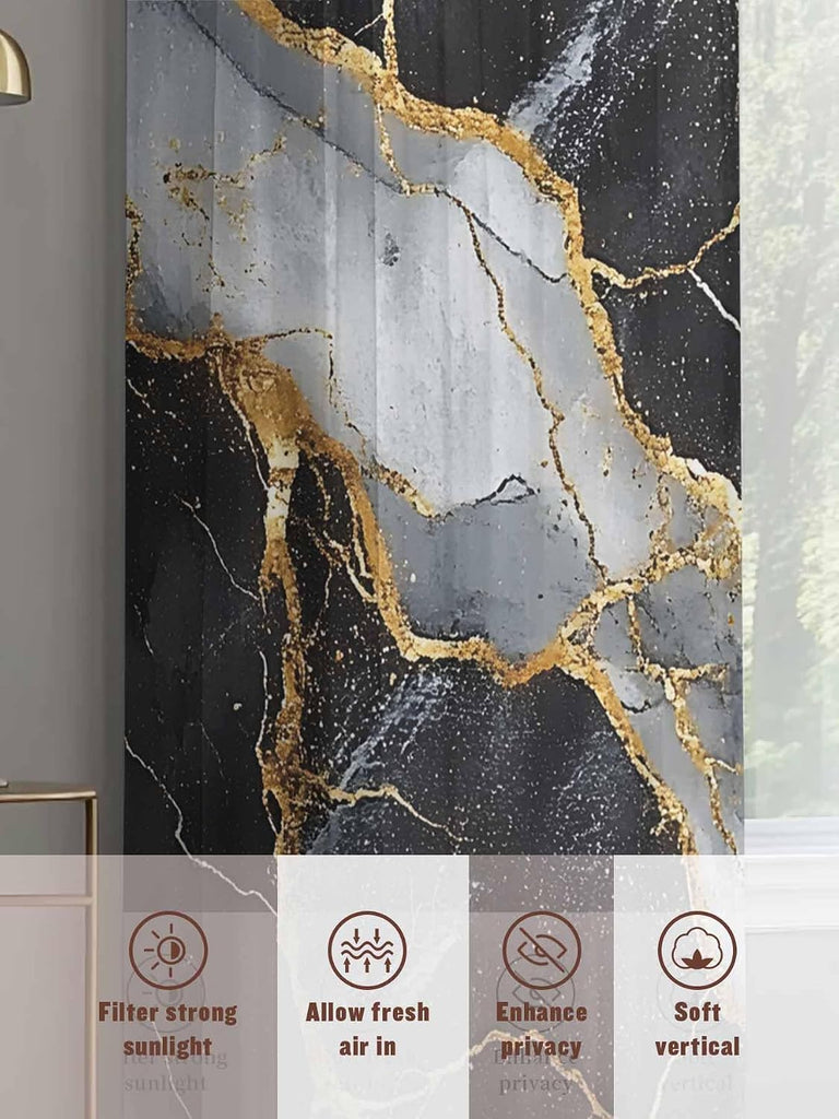 Sheer Curtains 2 Panels Set, Marble Black Semi Sheer Curtains for Windows, Grey Granite Surface Luxury