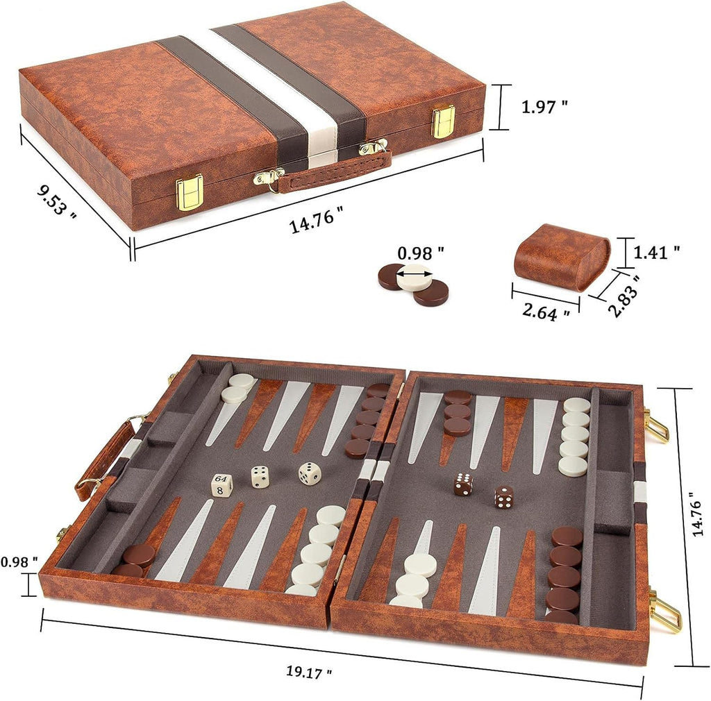 Backgammon Set, 15 Inches Classic Board Game with Leather Case, Folding Board, Gift Package, Portable Travel Strategy