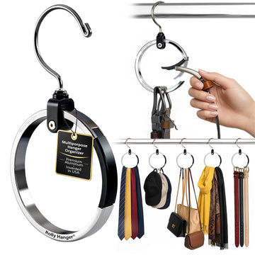 Rotating Closet Organizer, Aluminum Ring Accessory Hanger with 360° Swivel Hook & Spring Latch, Space Saving Holder