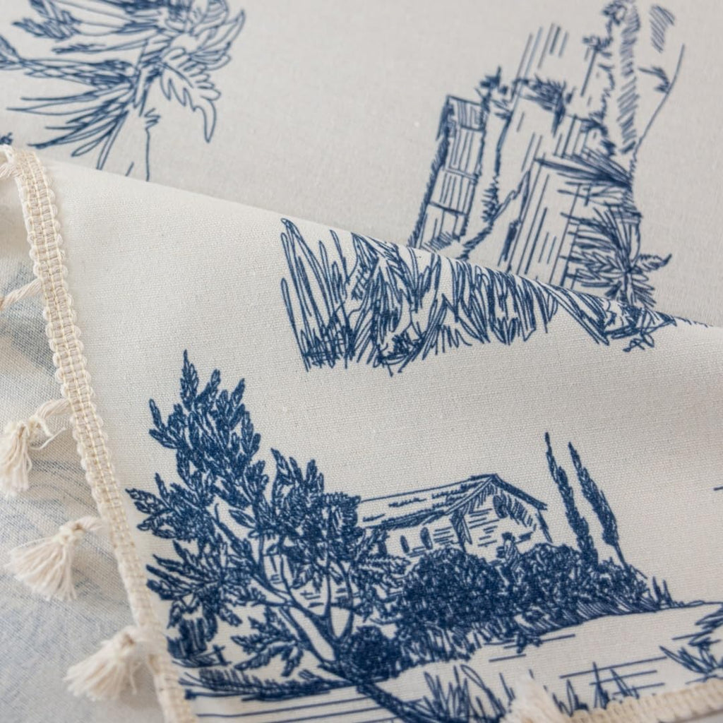 Retro Blue White Toile De Jouy Printed Rectangular Tablecloth, Premium Cotton Linen Table Cover with Complete Edge