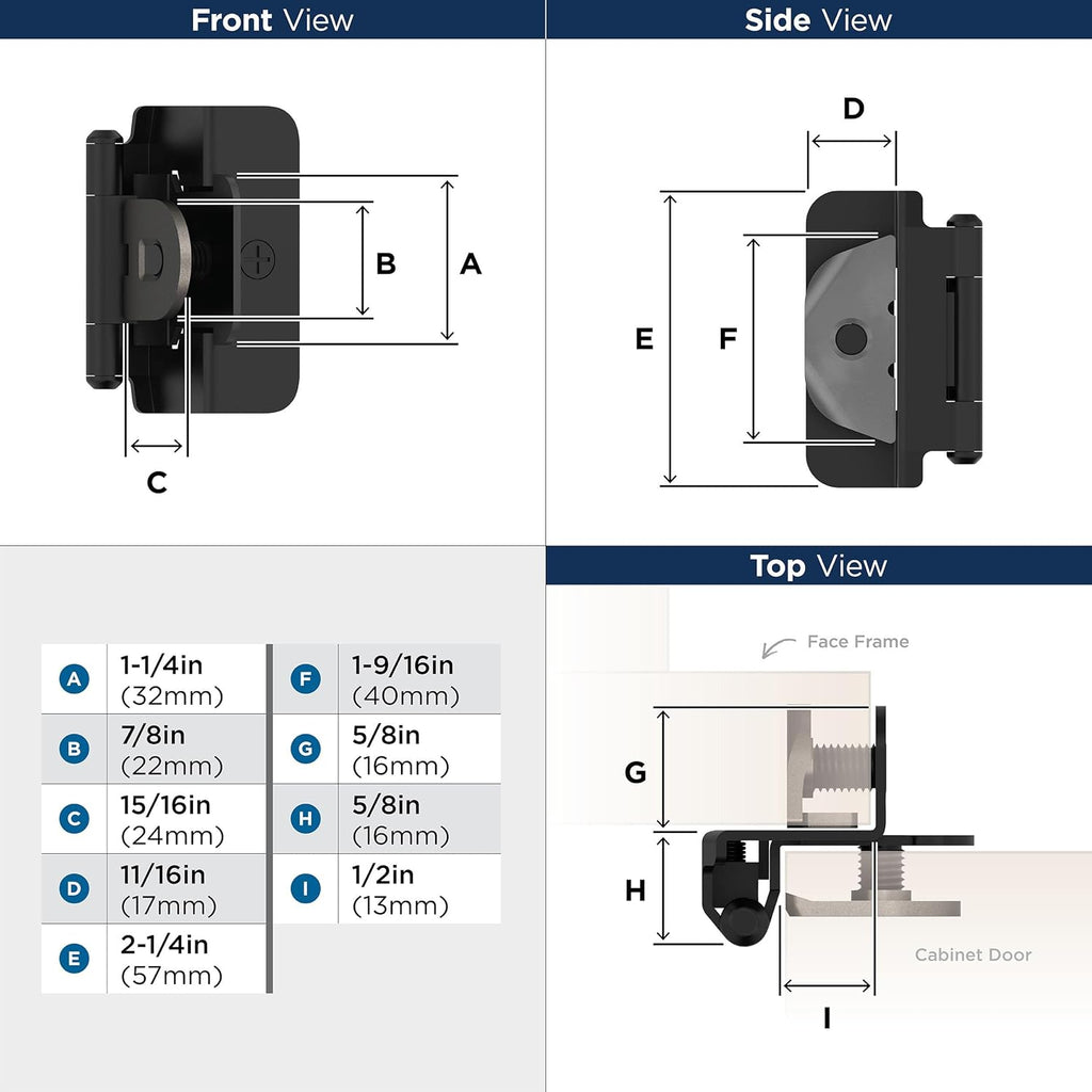 BPR8704FB | Cabinet Hinge | 1/2 inch (13 mm) Overlay Double Demountable | Matte Black | Kitchen Cabinet Door Hinge | 1