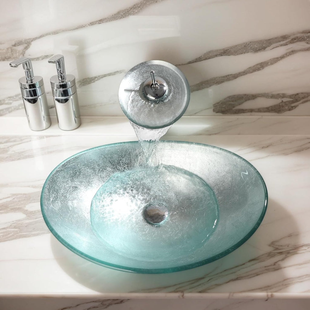 Oval Glass Vessel Sink with Faucet and Pop-Up Drain 22x14 Inch Silver Tempered Glass Bathroom Washbasin Boat Shape