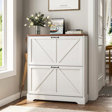 Shoe Cabinet, Shoe Storage Cabinet with 2 Flip Drawers, Narrow Farmhouse Shoe Organizer Cabinet, Slim Shoe Rack
