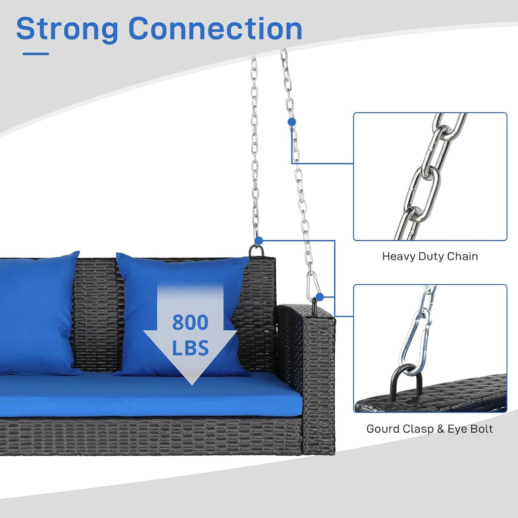 Wicker 2-Person Hanging Porch Swing Outdoor with Blue Cushion | Sturdy hanging bench swing holds up to 800 lbs