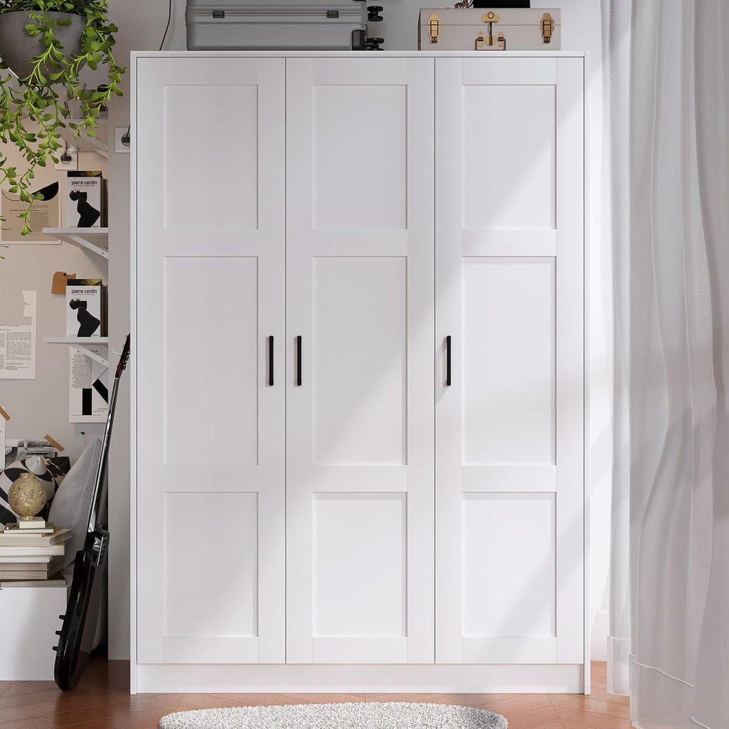 3 Doors Wooden Wardrobe Closet Armoire, White Storage Cabinet for Hanging Clothes, Bedroom Large Capacity