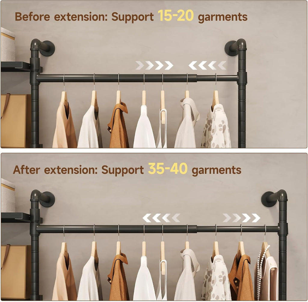 T3 Closet System with Stepless Dimmable LED Light, Industrial Pipe Clothing Rack with 4 Drawers, 6 Wooden Shelves & 4