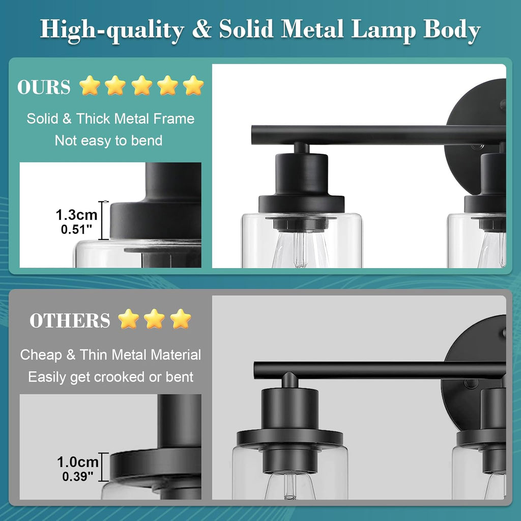 Modern Bathroom Light Fixtures, 3 Light Vanity Lights, Black Wall Lamp with Clear Glass , Mirror, Living Room