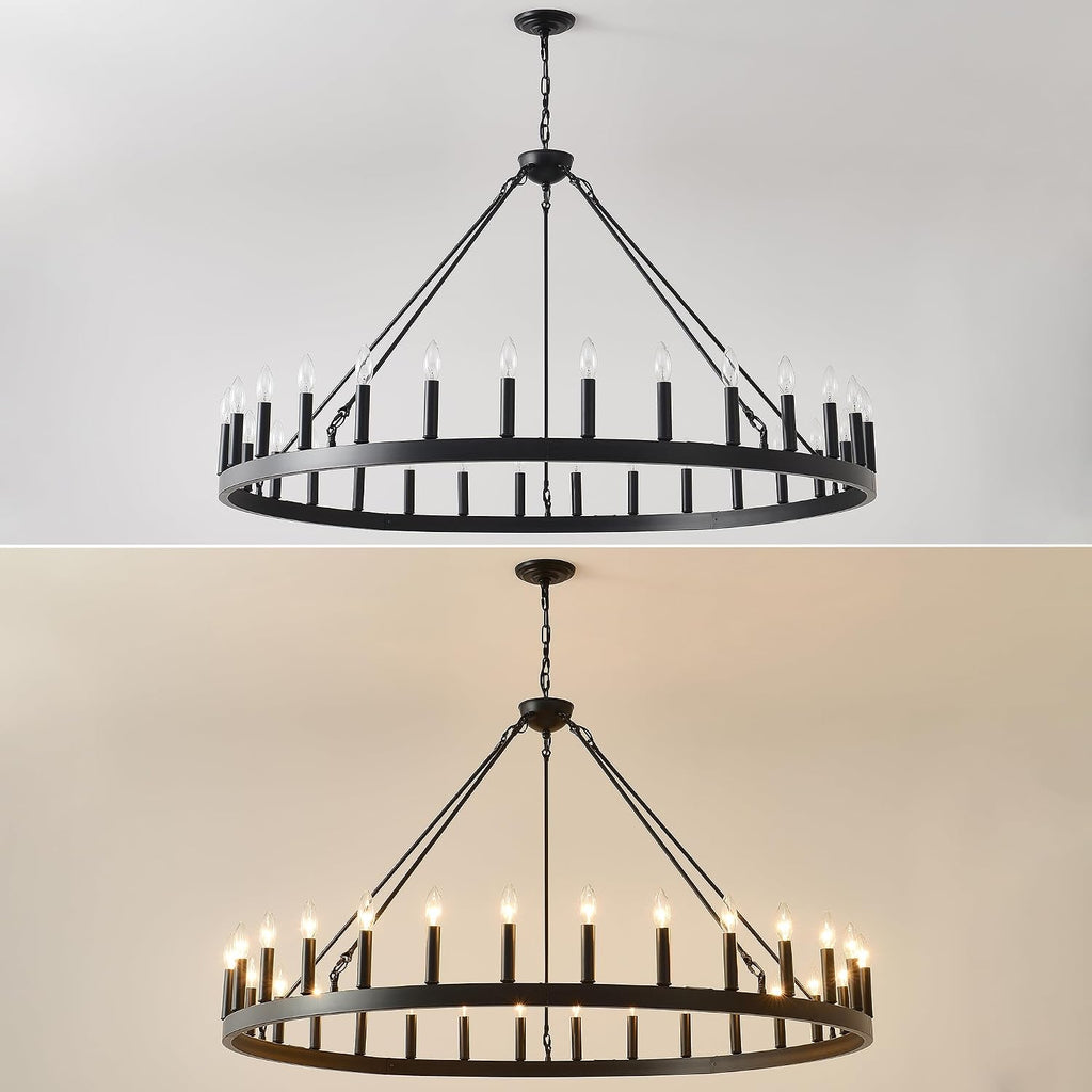 53 Inch Large Black Wagon Wheel Chandelier 30-Light Farmhouse Wagon Wheel Chandeliers Round Industrial Ceiling Light