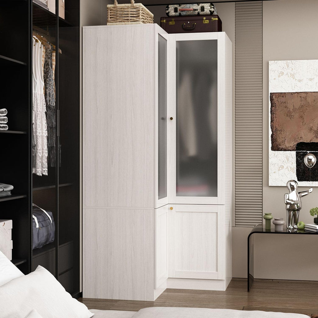 Corner Wardrobe, L-Shaped Modern Bedroom Armoires with Frosted Glass Doors and Hanging Rod, Corner Armoire Wardrobe