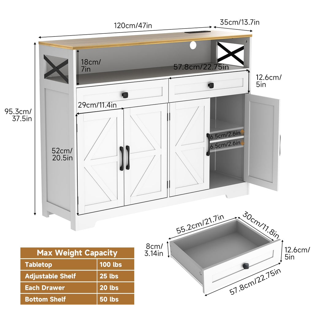 Sideboard Buffet Cabinet with Storage, 47" Kitchen Buffet Cabinet with Charging Station, Farmhouse Coffee Bar Station