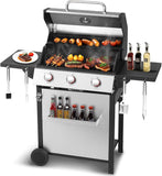 3-Burner Propane Gas Grill, 30,000 BTU BBQ Grill with Cast Iron Cooking Grates and Double-Layer Stainless Steel Lid