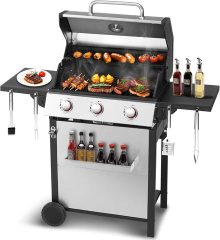 3-Burner Propane Gas Grill, 30,000 BTU BBQ Grill with Cast Iron Cooking Grates and Double-Layer Stainless Steel Lid