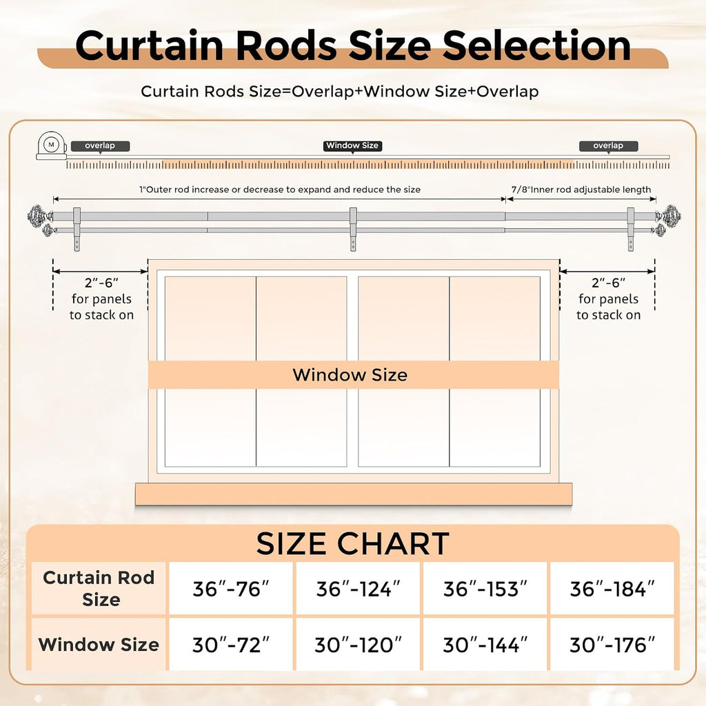 Gold Double Curtain Rod, 1 Inch Adjustable Decorative Crystal Dual Curtain Rod, Heavy Duty Vintage