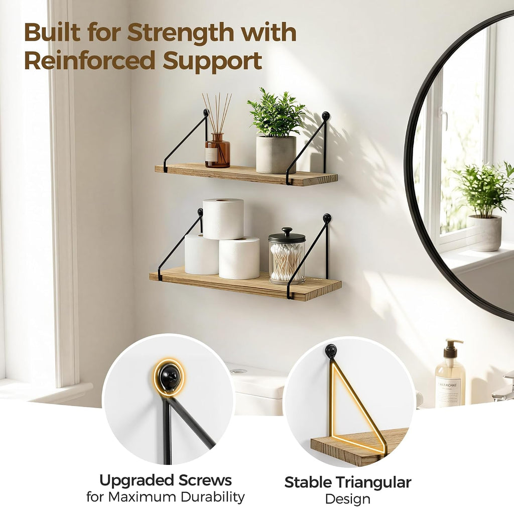 Rustic Floating Shelves for Wall, Wood Shelf with Brackets, Set of 2 | Solid Wood and Metal, Hanging Bookshelf