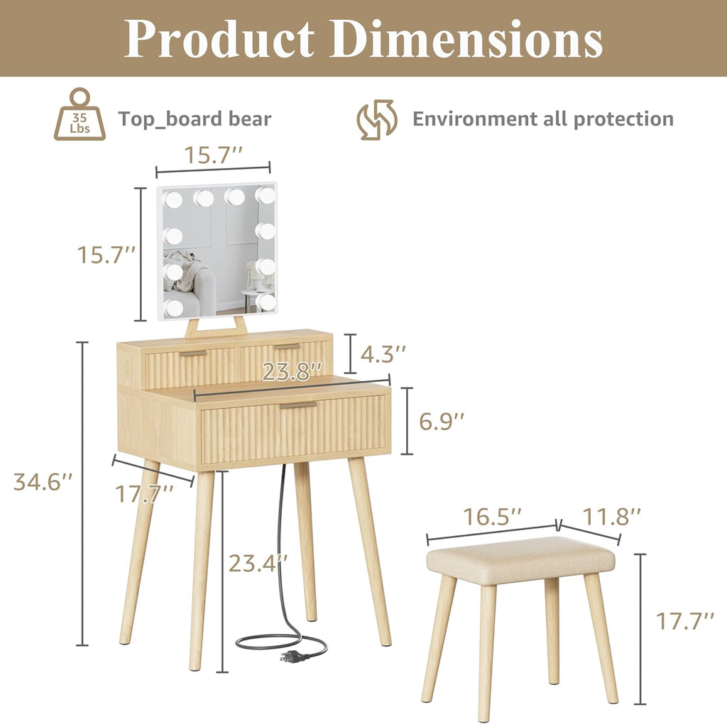 Small Vanity Desk with Hollywood Mirror and Lights, Girls Vanity with Stool, Fluted Vanity Set, Compact Make Up Table