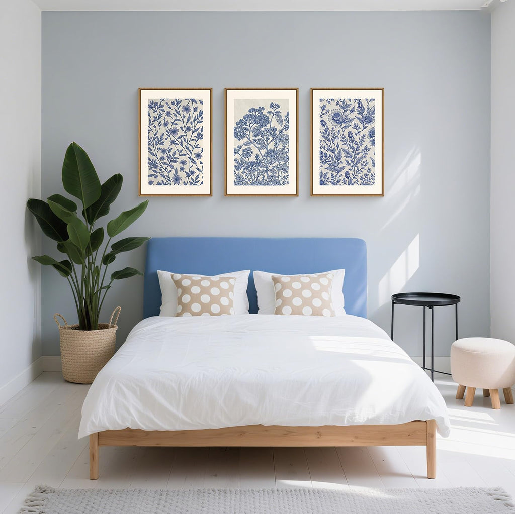 Large Classic Chinoiserie Flower Framed Canvas Wall Art Set,Minimalist Blue and White Floral Wall Decor,Navy