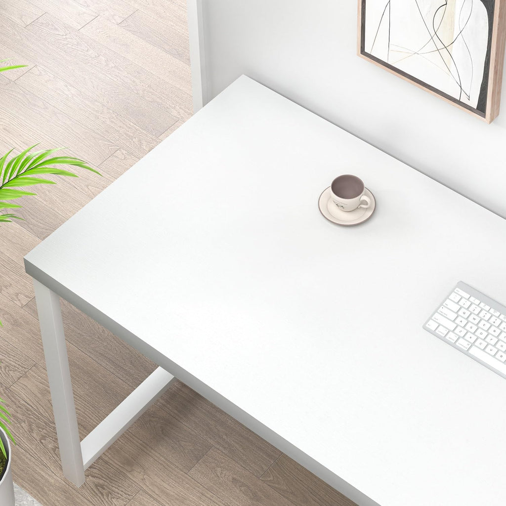 White Computer Desk, Modern Home Office Desk with Storage Shelf, Wood and Metal Writing Study Table Bedroom, 53 Inch