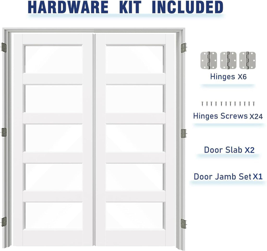 French Doors, 60"x80"Interior Double Doors with Jamb & Hardware Kit, 5-Lite Clear Glass, Solid Core MDF for Bedroom, Laundry Room, Closet- Easy to Install