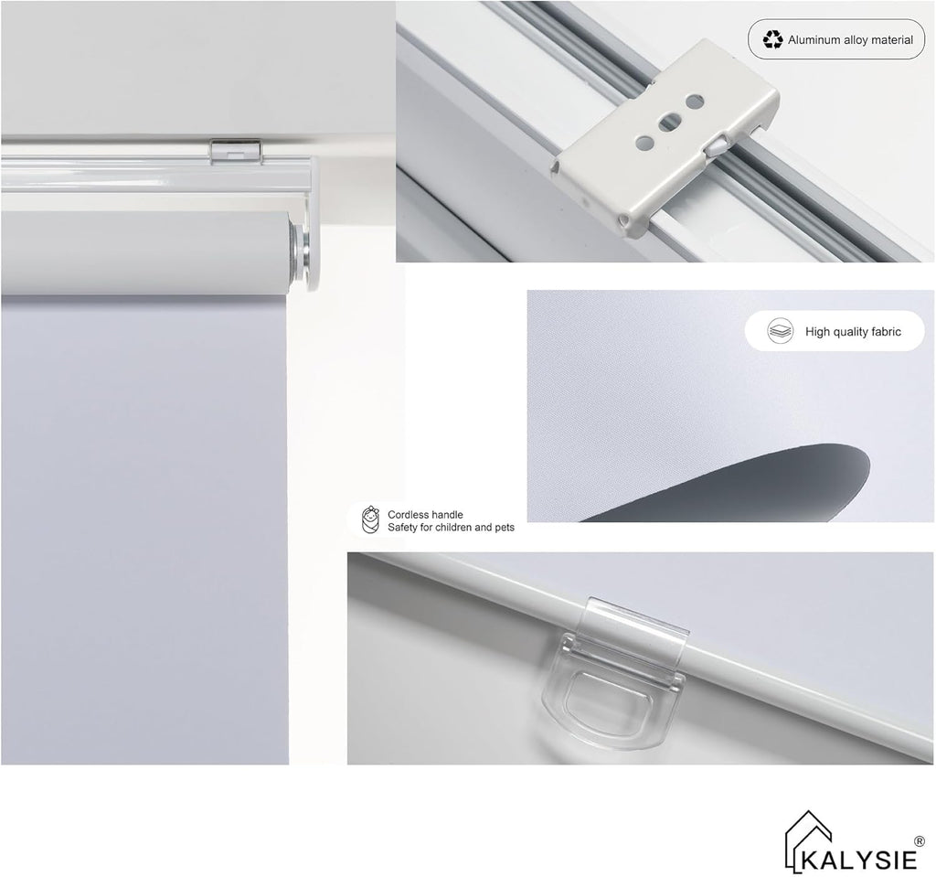 Roller Shades Cordless 100% Blackout Blinds for Windows and Doors, Pull Down Room Darkening Window Shades, Easy to Install for Home and Office, White, Fixed High