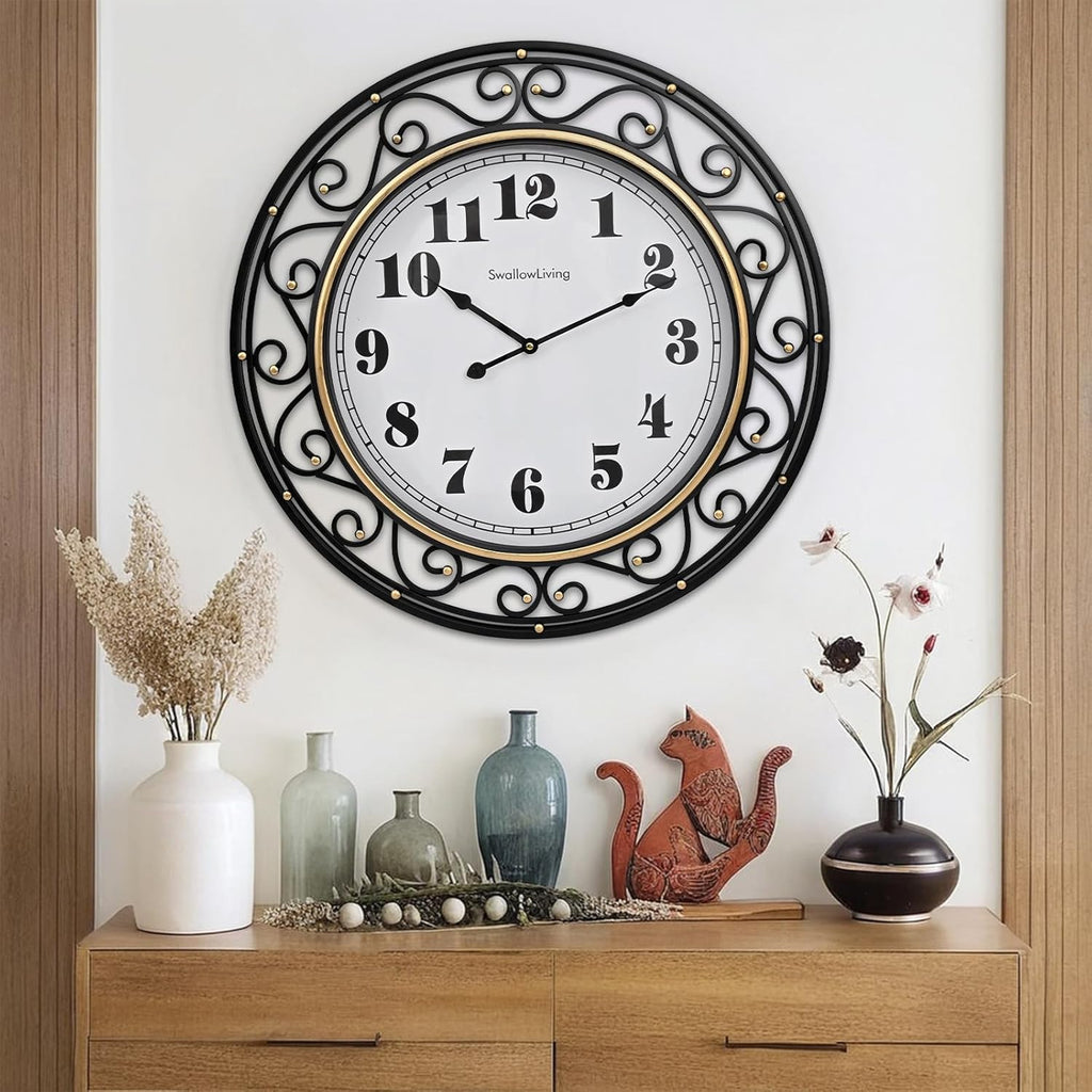 24 Inch Vintage Iron Metal Frame Wall Clock Silent, Battery Operated, Elegant Retro Decor