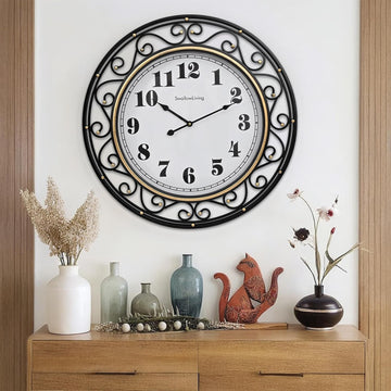 24 Inch Vintage Iron Metal Frame Wall Clock Silent, Battery Operated, Elegant Retro Decor