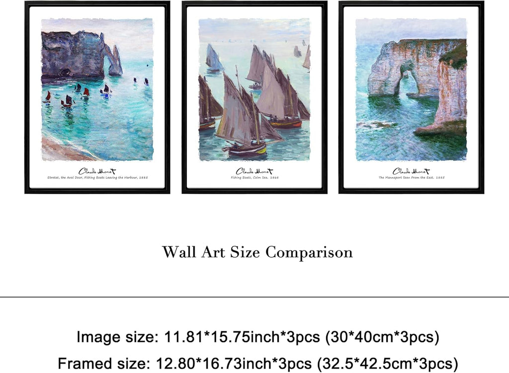 3-Piece Claude Monet Prints Framed Wall Art, Fishing Boats Cliffs at Etretat The Aval Door Oil Painting Reproduction