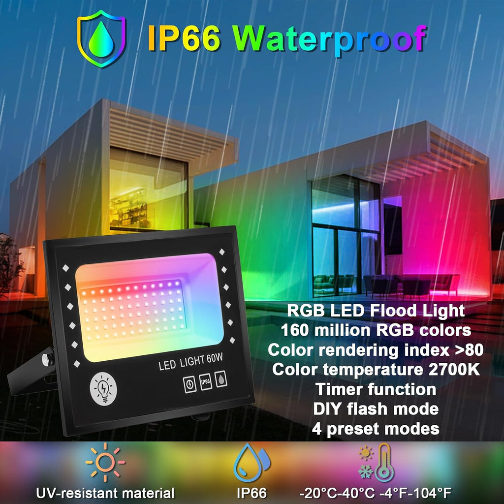 RGB Flood Light 600W Equivalent 6000LM, Colored Flood Lights with APP Control, Smart RGB Lights Colored 16 Million