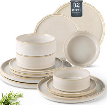 Ceramic Dinnerware Sets, Handmade Reactive Glaze Stoneware Plates and Bowls Sets,Highly Chip and Crack Resistant |