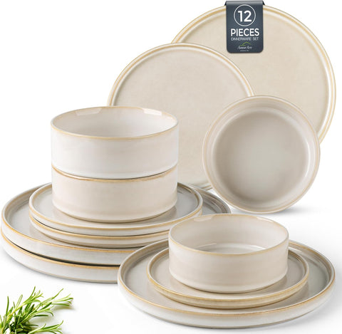 Ceramic Dinnerware Sets, Handmade Reactive Glaze Stoneware Plates and Bowls Sets,Highly Chip and Crack Resistant |