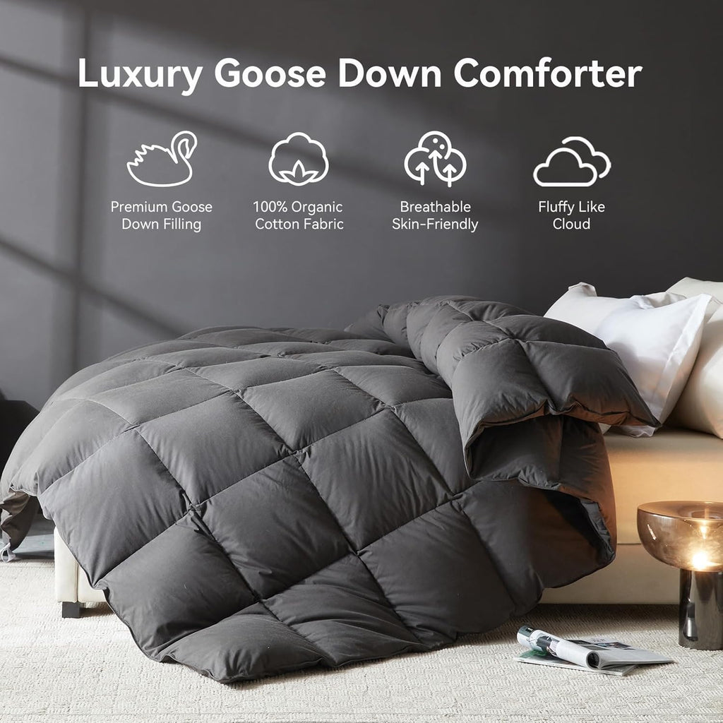 Goose Feather Down Fiber Comforter King, 100% Organic Cotton Fabric Duvet Insert,1200TC,750+Fill Pow